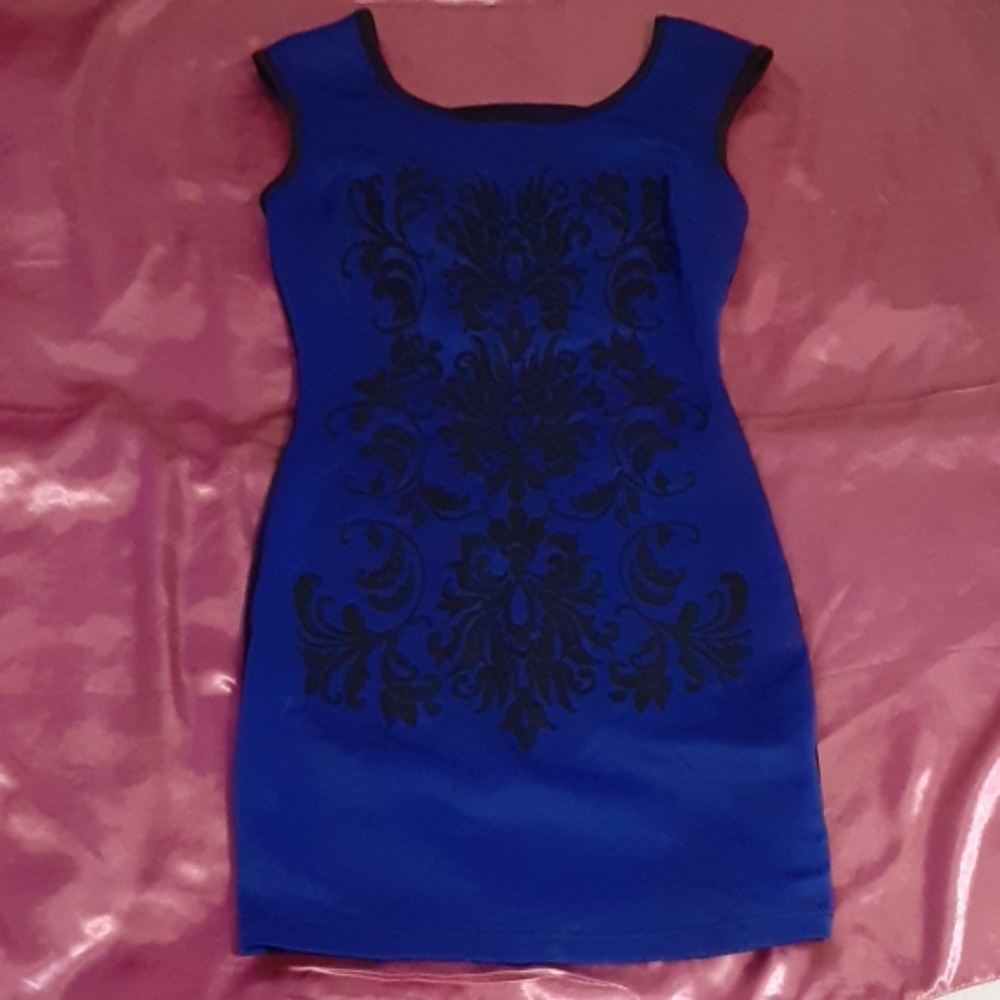 Blue and black beaded mini dress